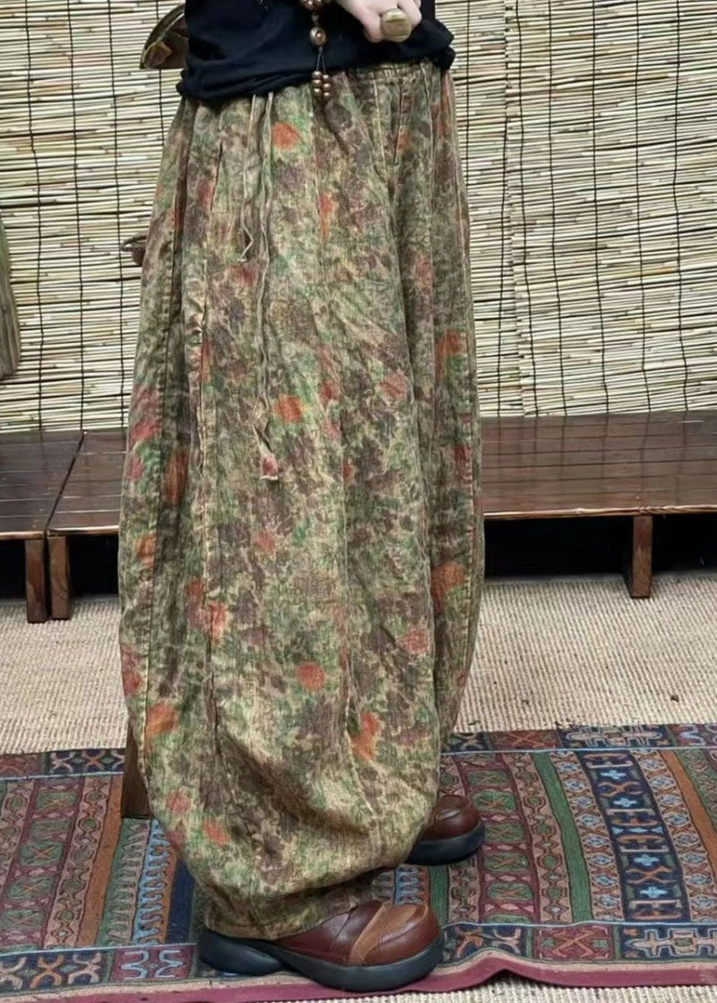 Green Pockets Patchwork Linen Lantern Pants Elastic Waist Summer