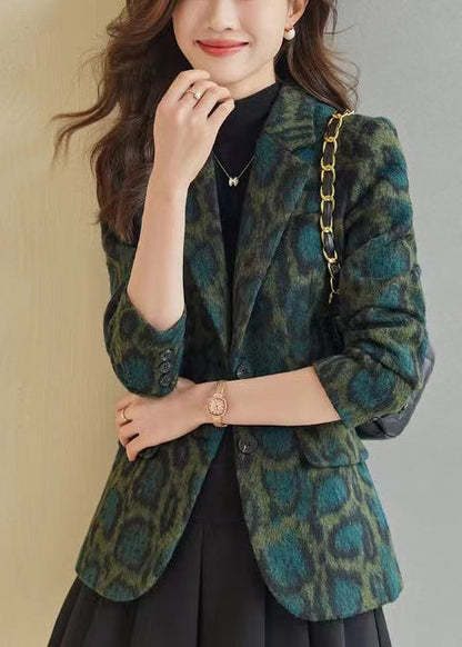 Green Leopard Print Woolen Coats Spring