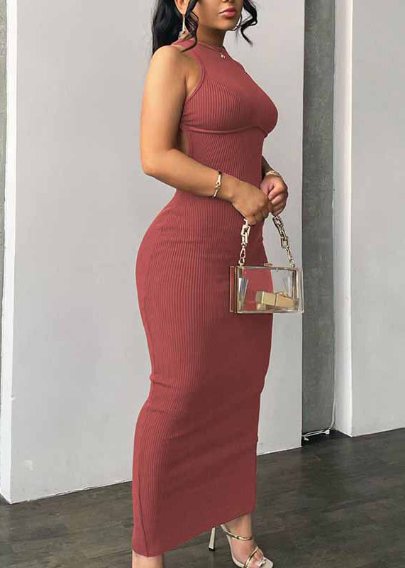Brick Red Backless Cotton Vacation Dresses Sleeveless