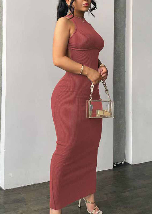 Brick Red Backless Cotton Vacation Dresses Sleeveless