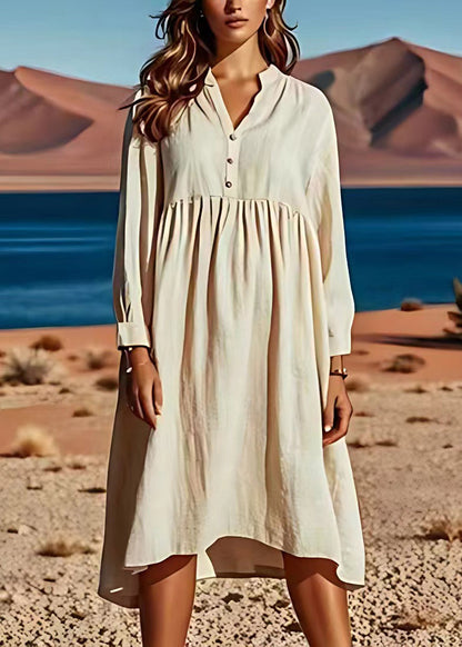 Beige V Neck Wrinkled Patchwork Linen Dresses Long Sleeve