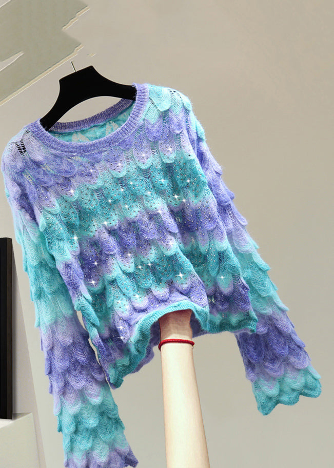 Blue O-neck Zippered Hollow Out Cotton Knit Sweater Flare Sleeve