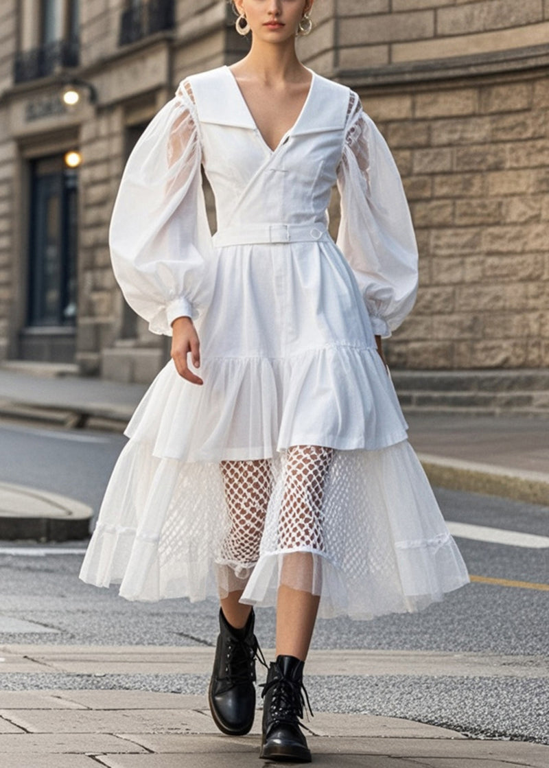 White V Neck Patchwork Tulle Cotton Dress Puff Sleeve