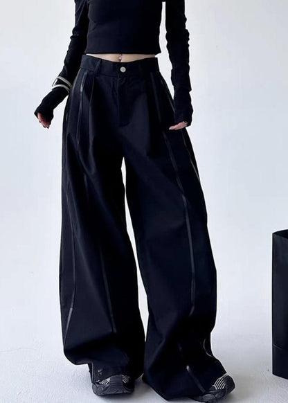 Black Striped Patchwork Pockets Lantern Pants Spring