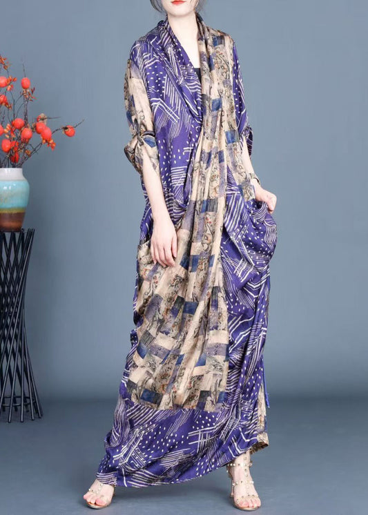 Blue Print Side Open Tie Waist Silk Long Dress Fall