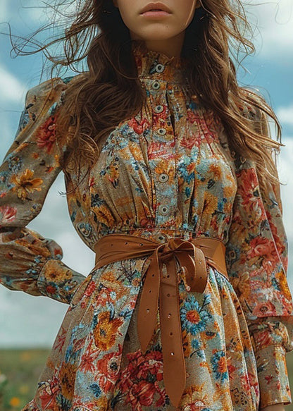 Pastoral Style Ruffled Print Mini Dresses Long Sleeve