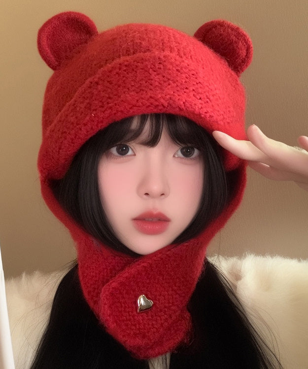 Red Thick Knit Ear Protection Warm Bonnie Hat