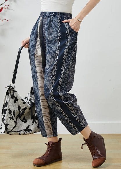 Diy Navy Oversized Print Fine Cotton Filled Harem Pants Winter