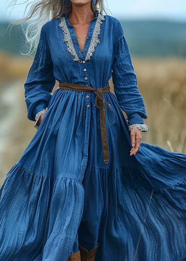 Blue V Neck Wrinkled Patchwork Cotton Long Dresses Spring