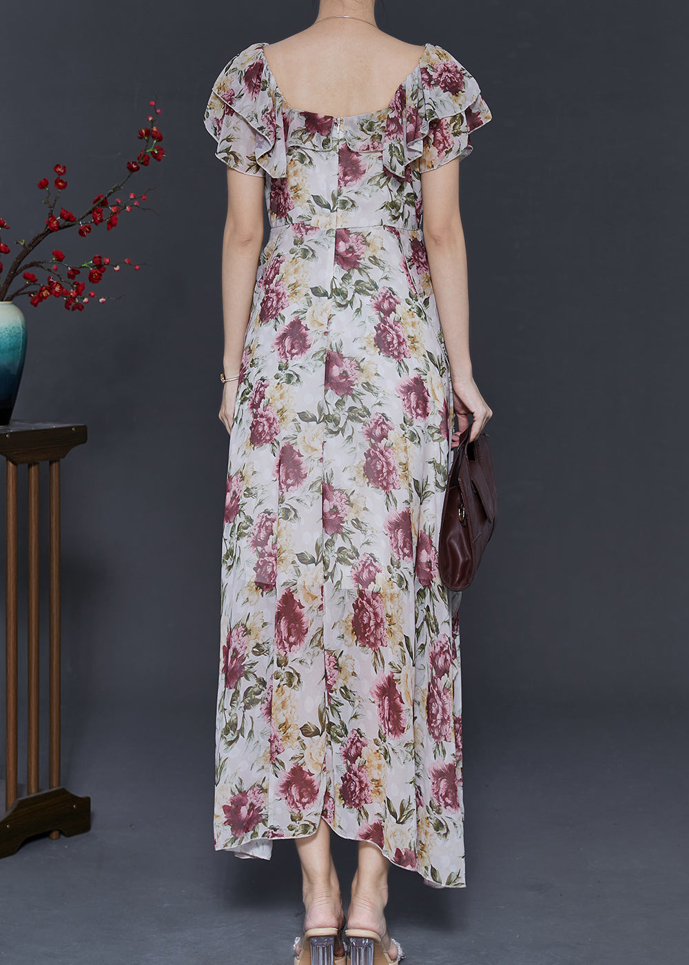 Diy Apricot Ruffled Print Chiffon Dresses Summer