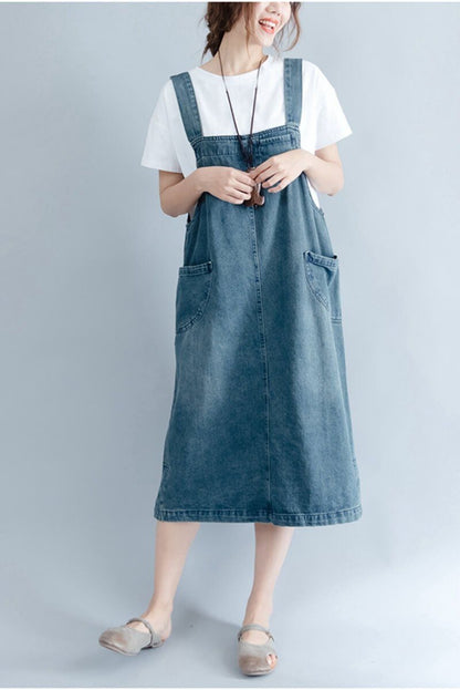 Summer Blue Denim Suspender Skirt Outfits