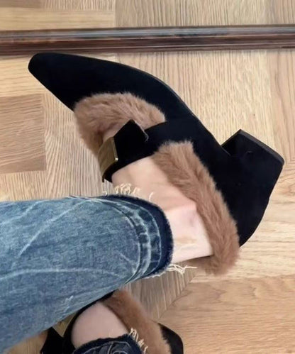 Brown Suede Splicing Chunky Heel Fuzzy Wool Lined Pointed Toe