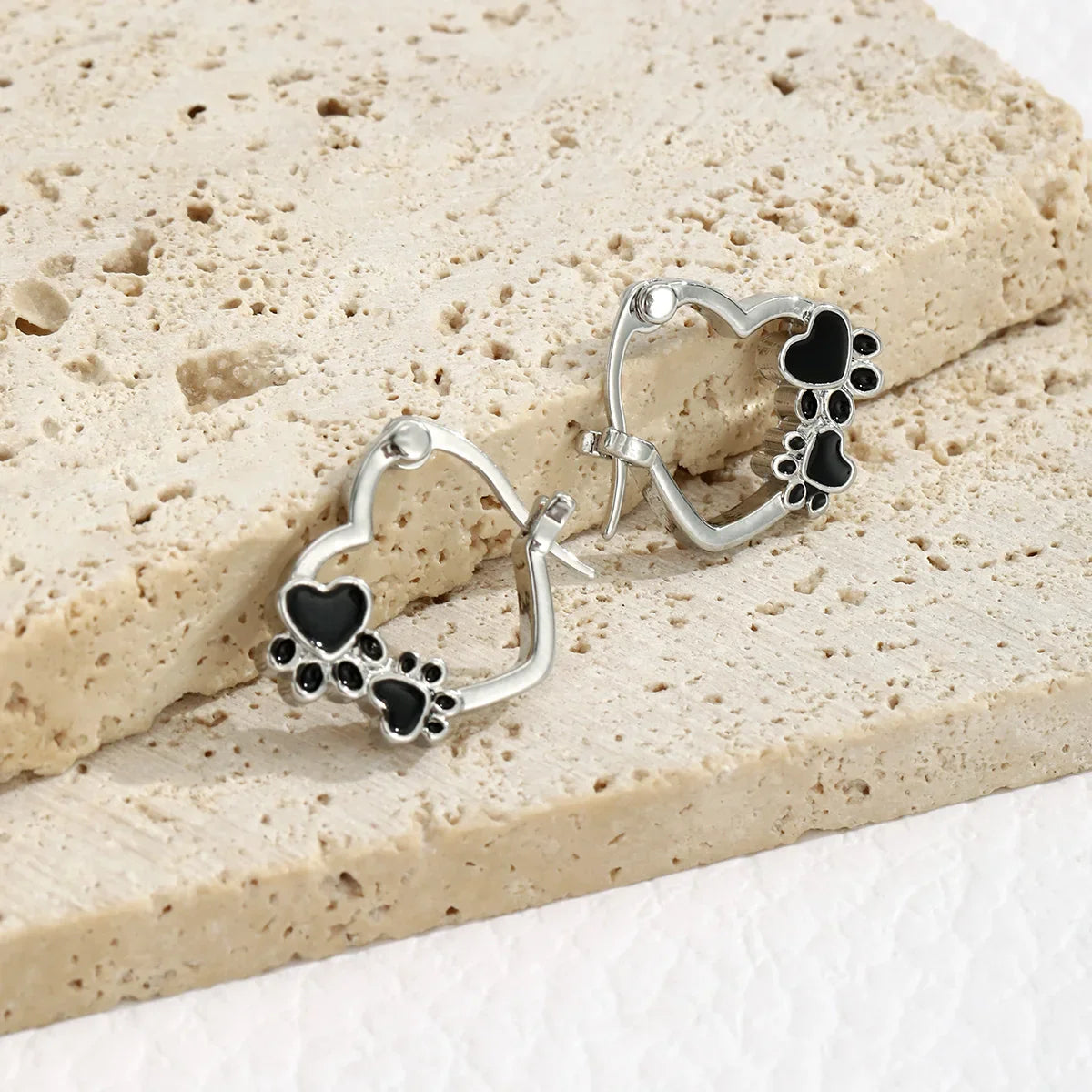 Heart Paw Huggie Earrings With Black Enamel