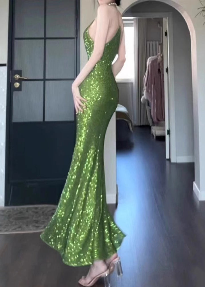 Slim Fit Green Sequins Spaghetti Strap Dress Sleeveless