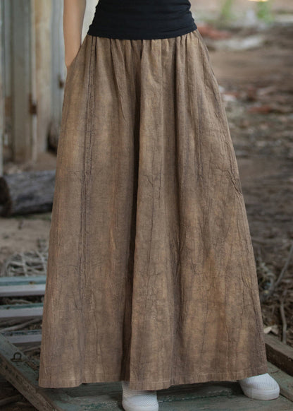 Tea Brown Tie Dye Elastic Waist Exra Large Hem Linen Skirts Summer