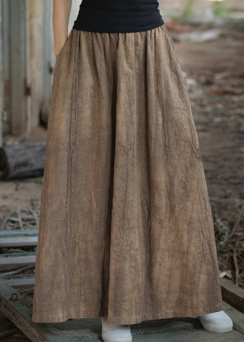 Tea Brown Tie Dye Elastic Waist Exra Large Hem Linen Skirts Summer