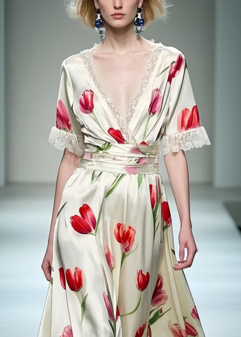 White Print Patchwork Lace Long Dress Summer