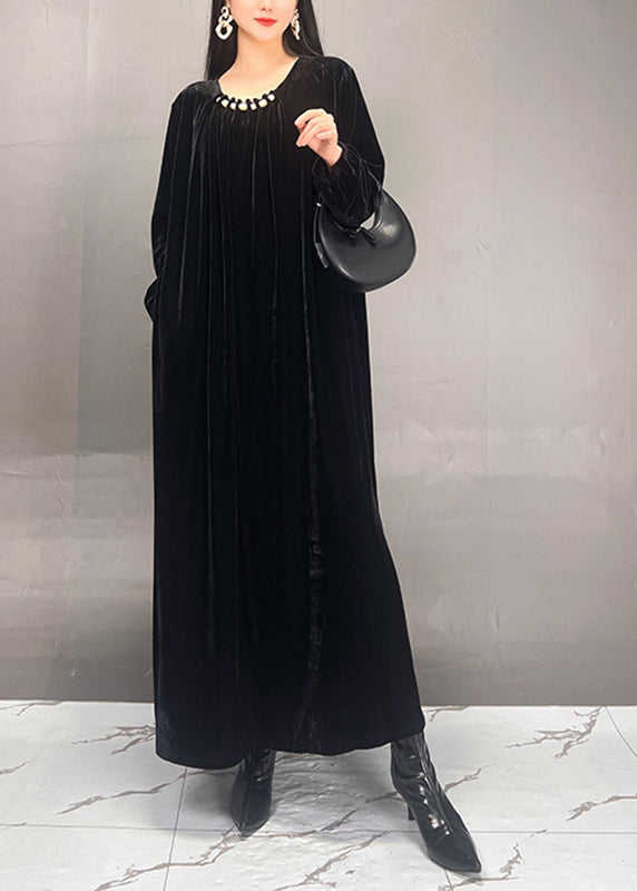 Handmade Rose O-neck Wrinkled Velour Maxi Dresses Fall