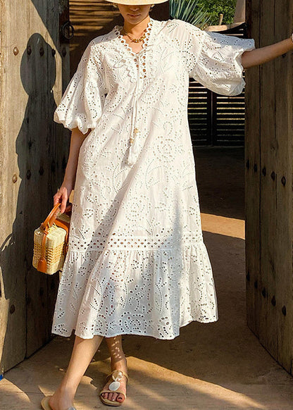 White Embroidered Hollow Out Pockets Cotton Long Dress Puff Sleeve