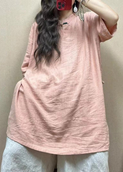 Pink Stand Collar Side Open Linen Blouses Half Sleeve