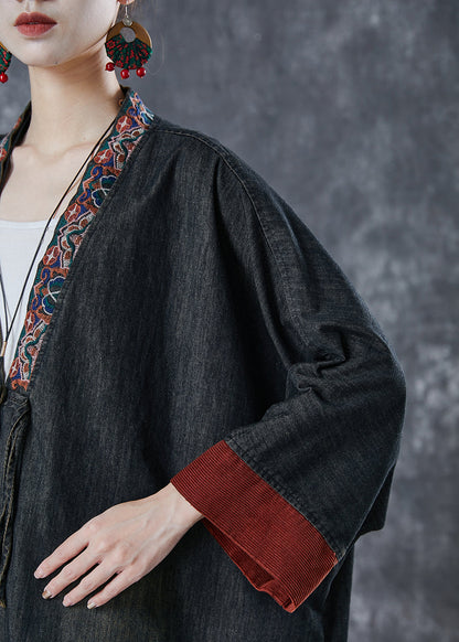 Black Embroidered Patchwork Denim Coats Spring