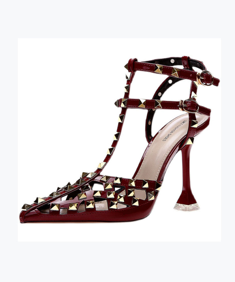 Wine Red Hollow Out Rivet Pointed Stiletto High Heels