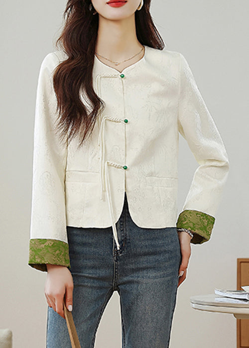 Beige O Neck Print Button Silk Coats Fall