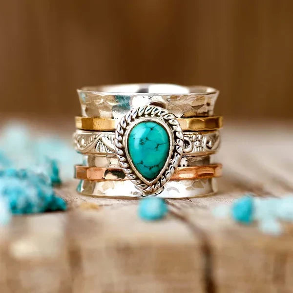 1+1 Offer: Turquoise Inlaid Stone Gold & Silver Ring + Mediterranean Tears – Turquoise Stone Stud Earrings