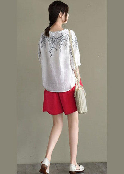 Simple White Loose O-neck Embroidered Summer Linen Blouse Top