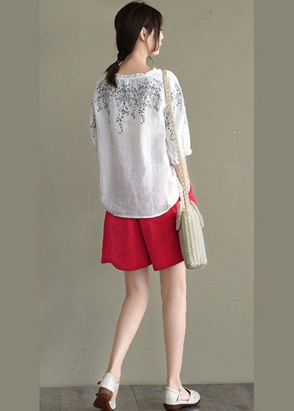 Simple White Loose O-neck Embroidered Summer Linen Blouse Top
