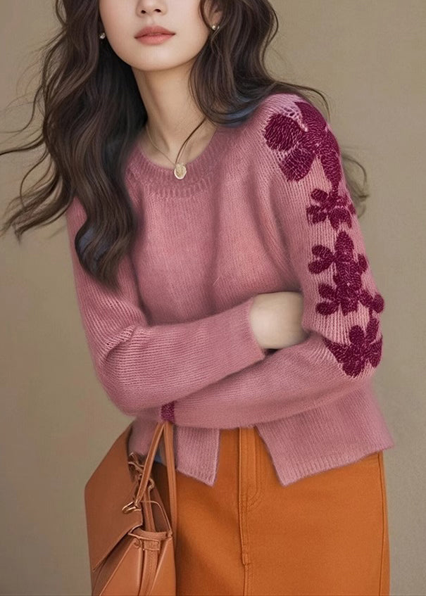 Rose Embroidered Side Open Knit Sweater Tops Winter