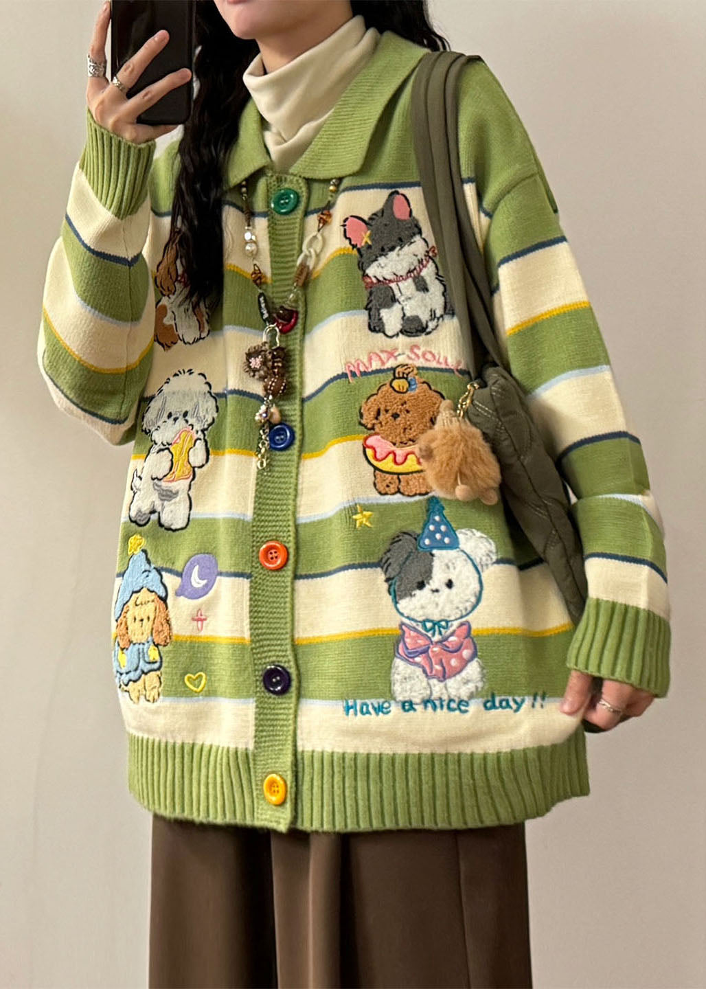 Green Embroidered Striped Knit Coats Spring