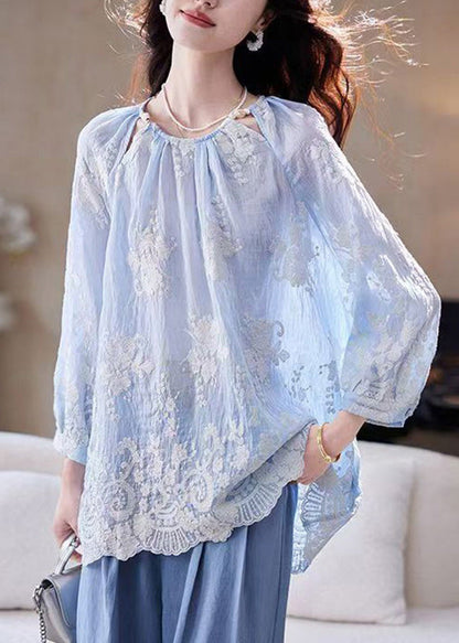 Boutique Blue O Neck Embroidered Cotton Blouses Summer