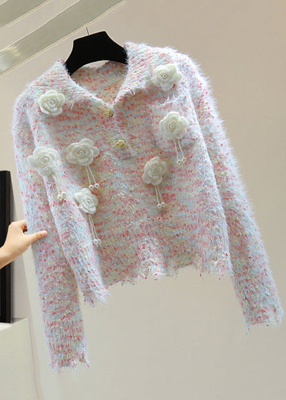 Light Blue Peter Pan Collar Tassel Thick Cotton Knitted Sweater Winter