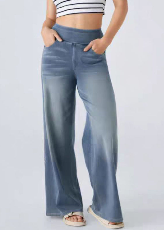 Light Blue Pockets Elastic Waist Denim Wide Leg Pants Summer