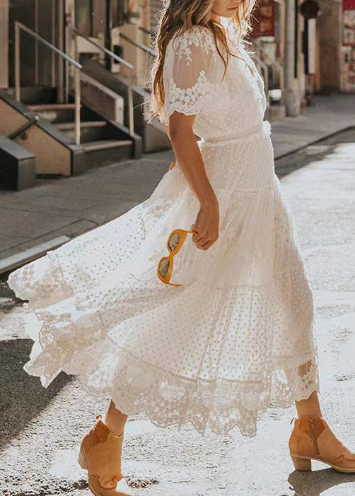 French White V Neck Patchwork Lace Long Dresses Summer