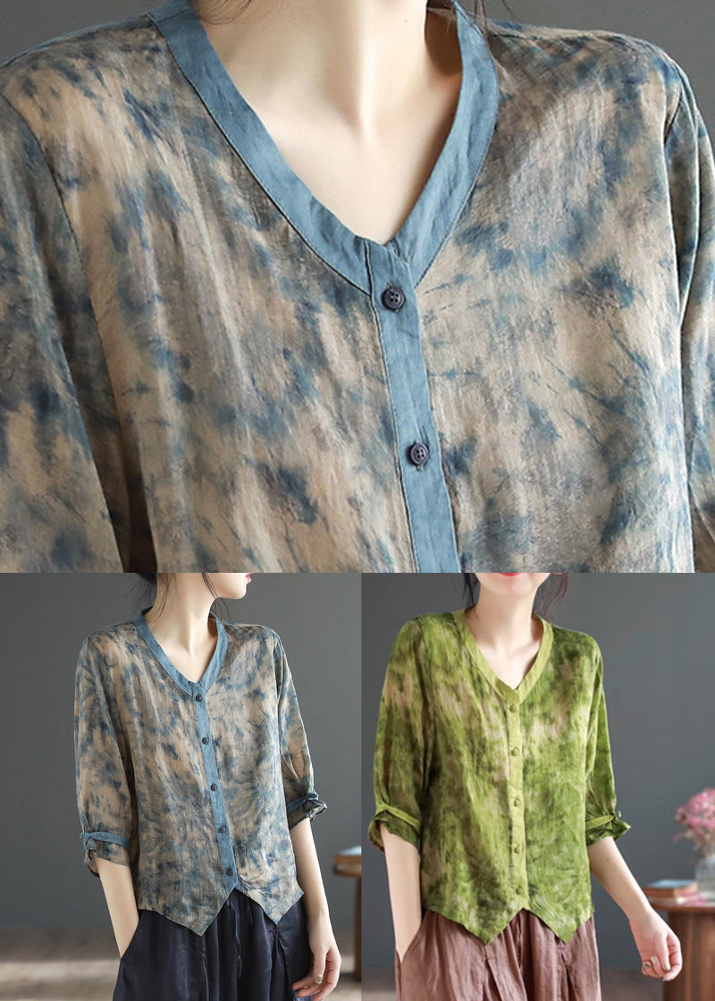 Grey Print Button Ramie Tops Half Sleeve