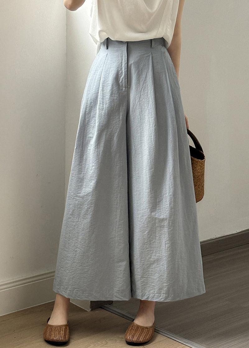 Simple White Pockets Elastic Waist Cotton Wide Leg Pants Fall