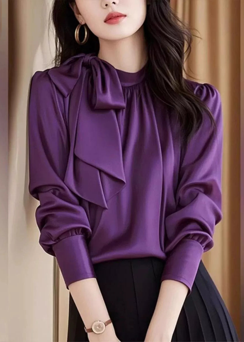 Slim Fit Purple Lace Up Silk Blouses Fall