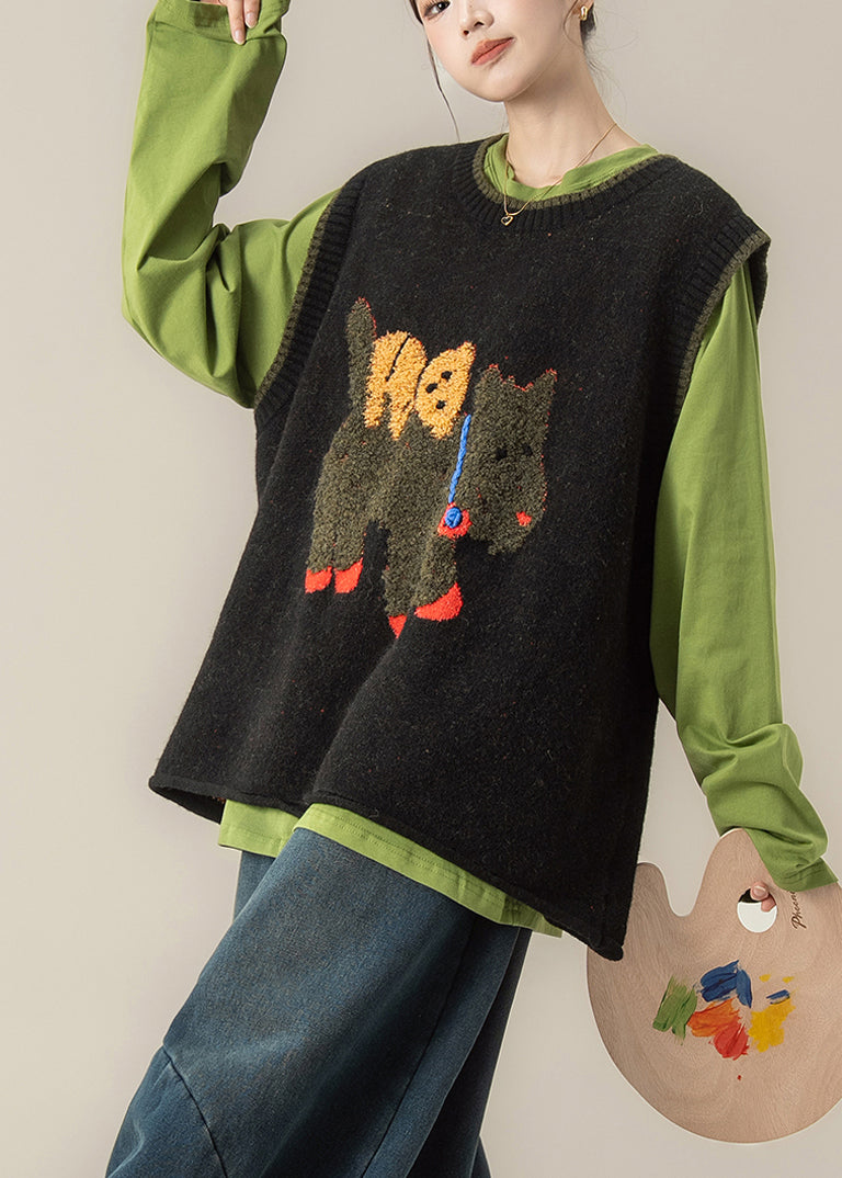 Stylish Black O-neck Thick Cotton Knit Waistcoat Top Winter