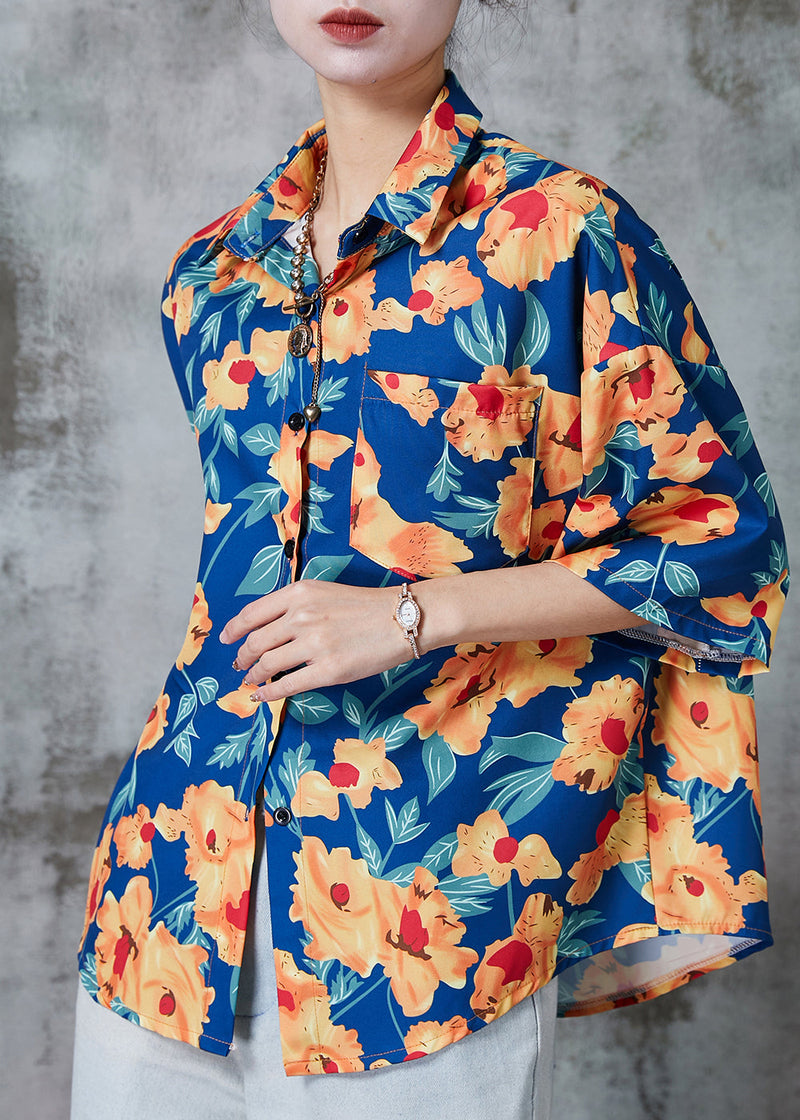 Blue Oversized Print Cotton Shirts Half Sleeve