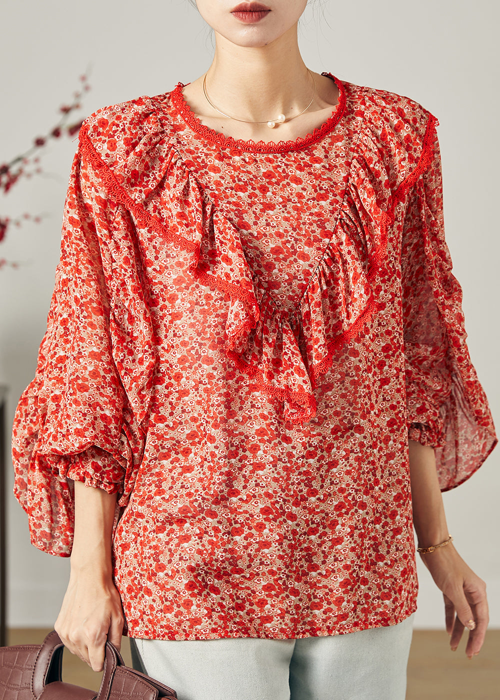 Red Ruffled Print Chiffon Blouse Top Butterfly Sleeve