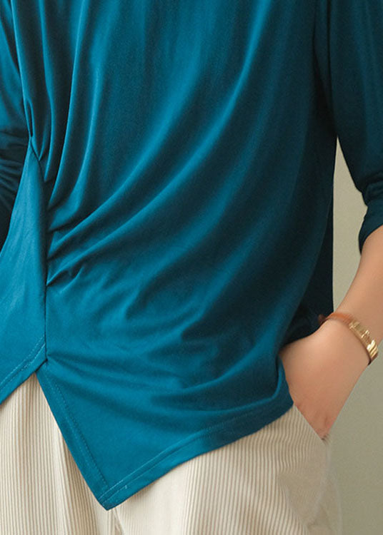 Blue Asymmetrical Design Wrinkled Fall Blouses