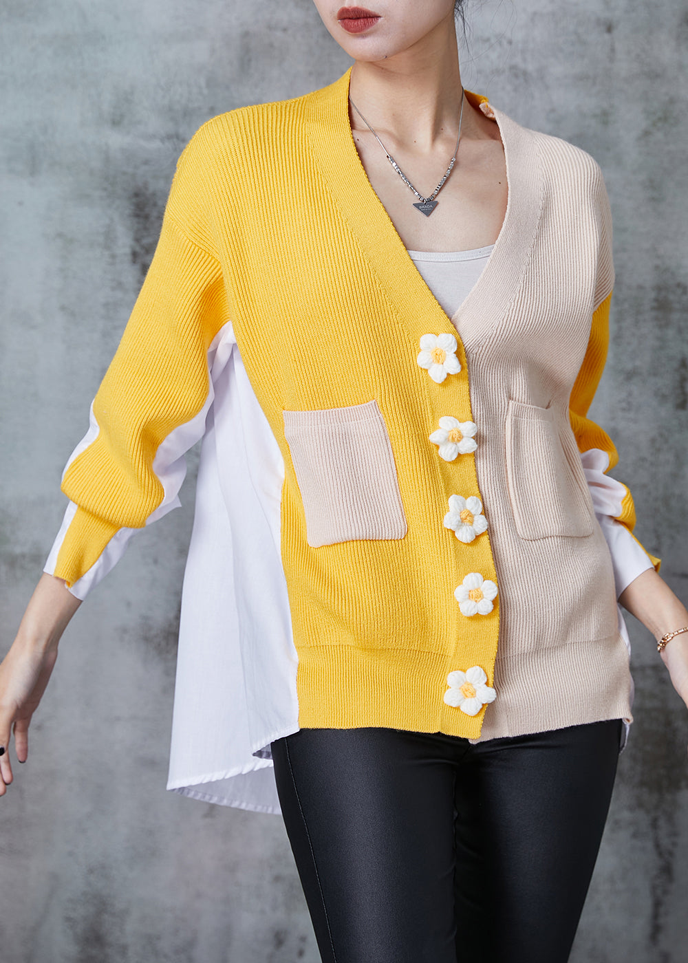 Art Yellow Oversized Patchwork Knit Tops Spring