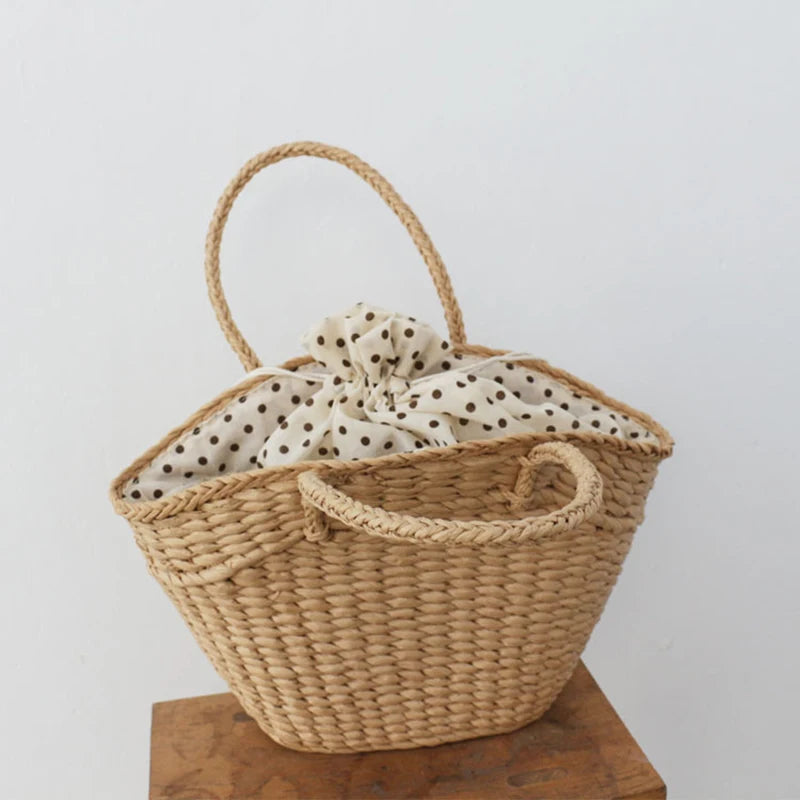 Summer New Straw Woven Braided Top Handle Travel Shopping Bucket Simple Large Handbags