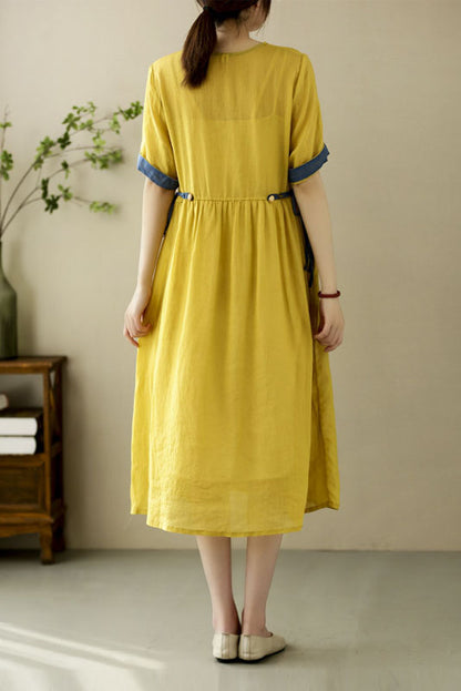 Summer Yellow Linen Embroidered Dress Short Sleeve Loose Dress