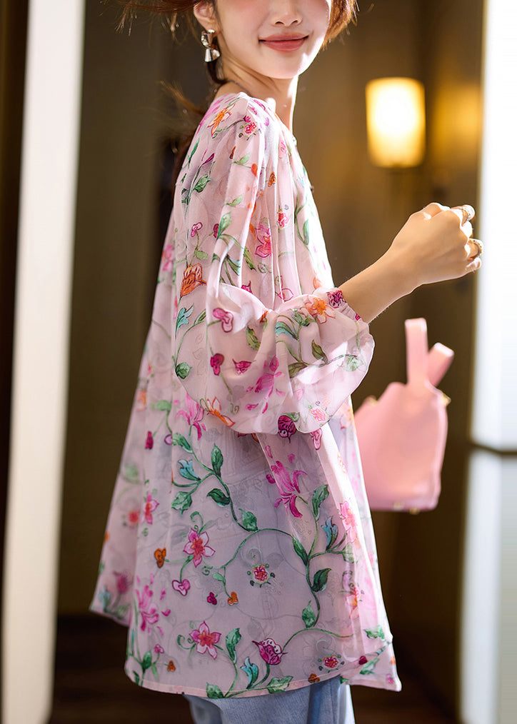 Pink O Neck Print Loose Chiffon Blouse Top Fall