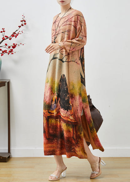 Khaki Oversized Print Knit Long Dresses Fall