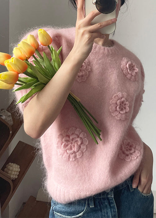 Pink O Neck Knit Sweater Short Sleeve