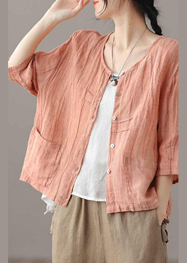 Pink Wrinkled Button Linen Shirts Bracelet Sleeve